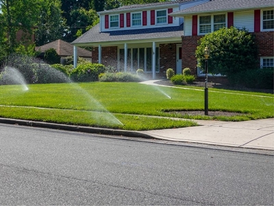 Home with lawn sprinkler system