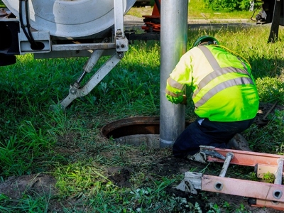 Worker unclogging sewer; Adobe stock: 359710618