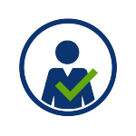 blue circular icon with blue person and green checkmark 