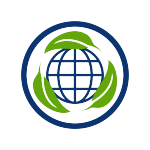 sustainability centric icon, blue globe with three green leaves