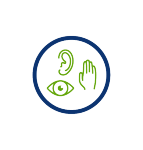 green eye, ear, hand with blue circle, sensory, icon, blue circle, transparent png